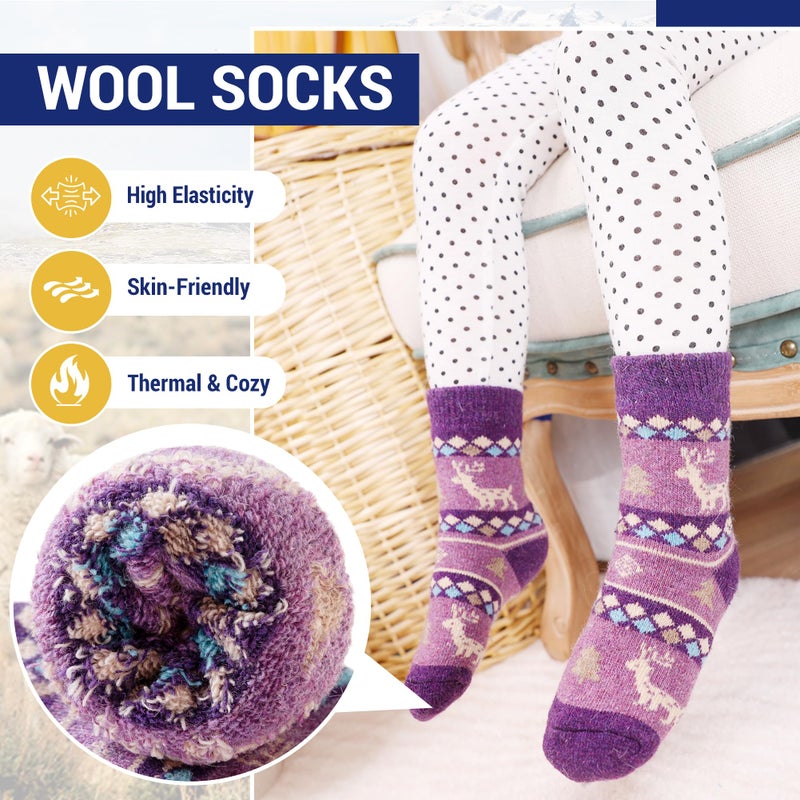 Eocom 6 Pairs Children's Winter Warm Wool Animal Crew Socks Kids Boys Girls Socks (6 Pairs Christmas Deer, 8-12 Years) - Image 3